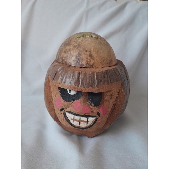 Hand carved Coconut pirate head piggy bank - Picture 1 of 5